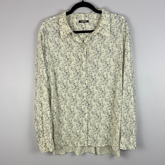 Olsen Cream and Black Stylish Artistic Face Design Long Sleeve XL Blouse - Picture 2 of 13